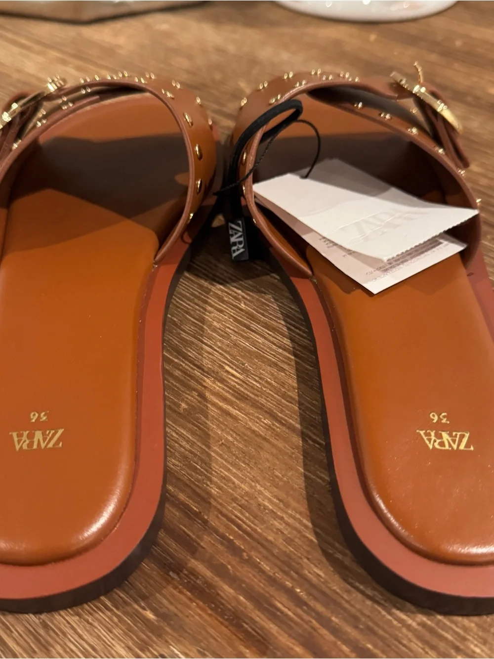 Zara Tan Brown Studded Slide Sandals with Gold Buckle